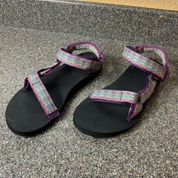 Teva Sandals Women's Sz 9 Original Hiking Sport Strappy Purple Multi Hook & Loop - Picture 3 of 11